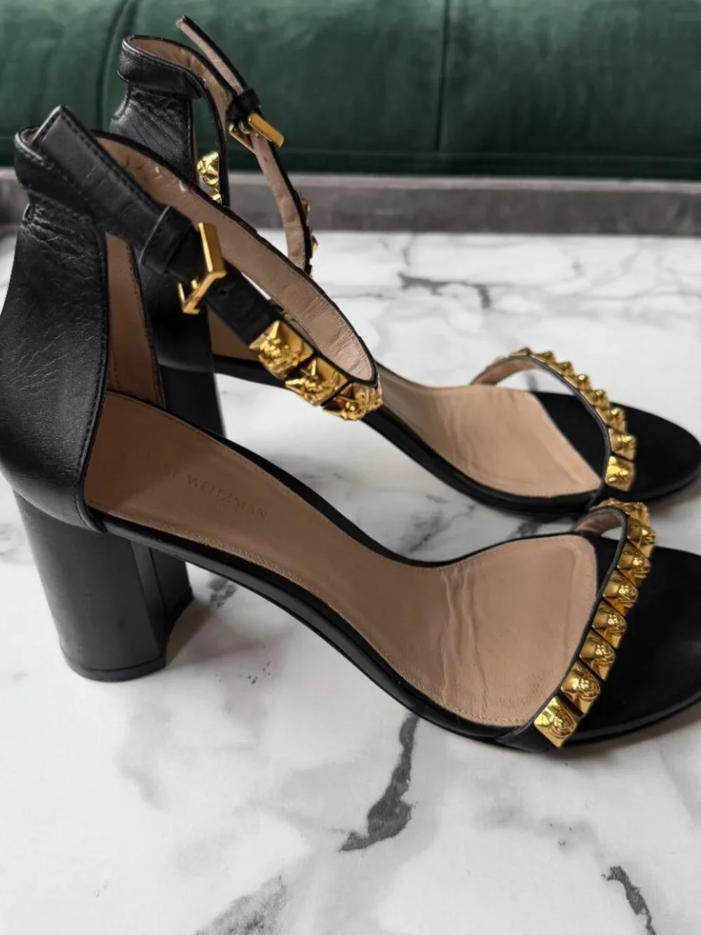 Stuart Weitzman Rosemarie Black Leather Studded Sandals Size 9.5